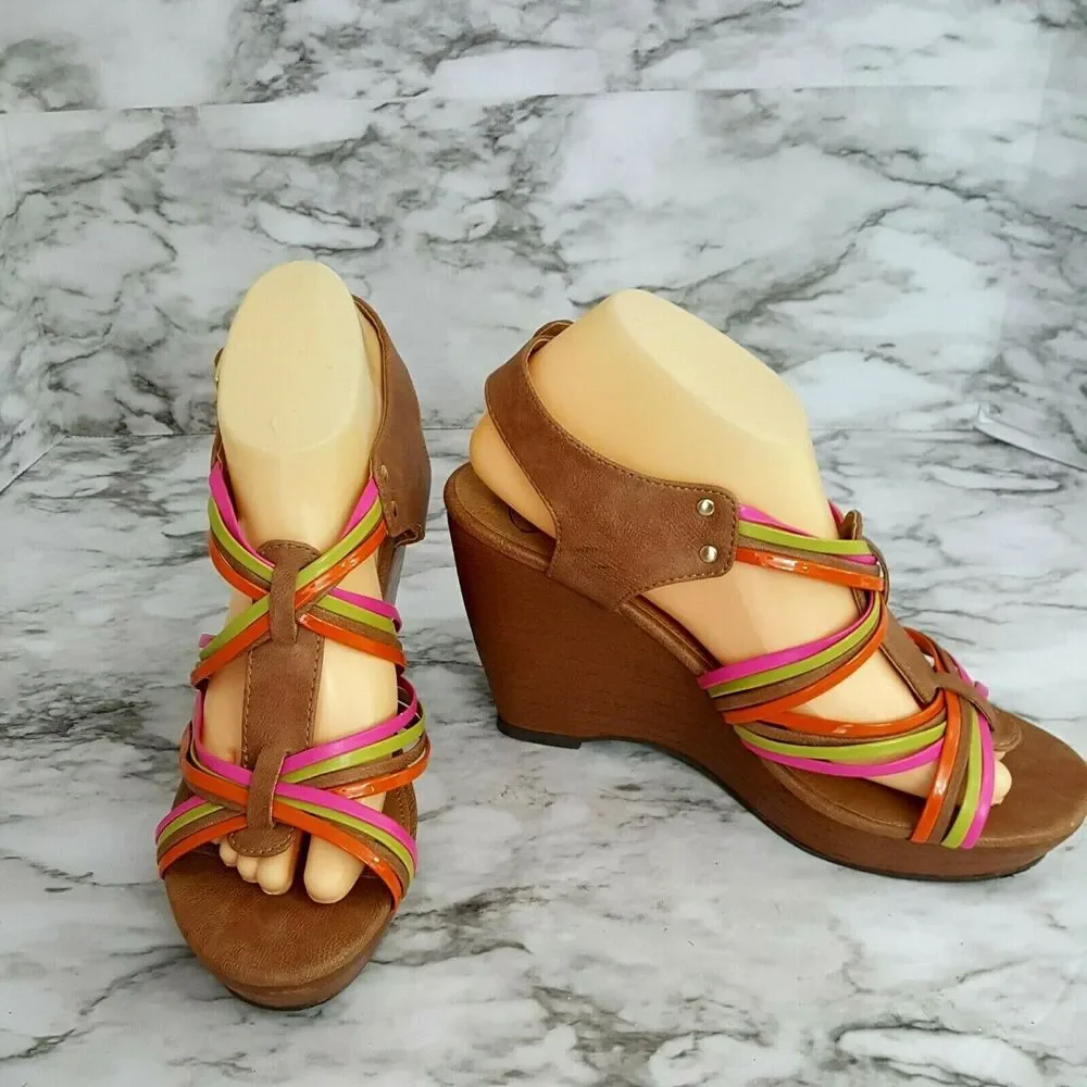 SM New York Wedge Sandal Womens Size 9.5 Divine Multicolor Tan Summer